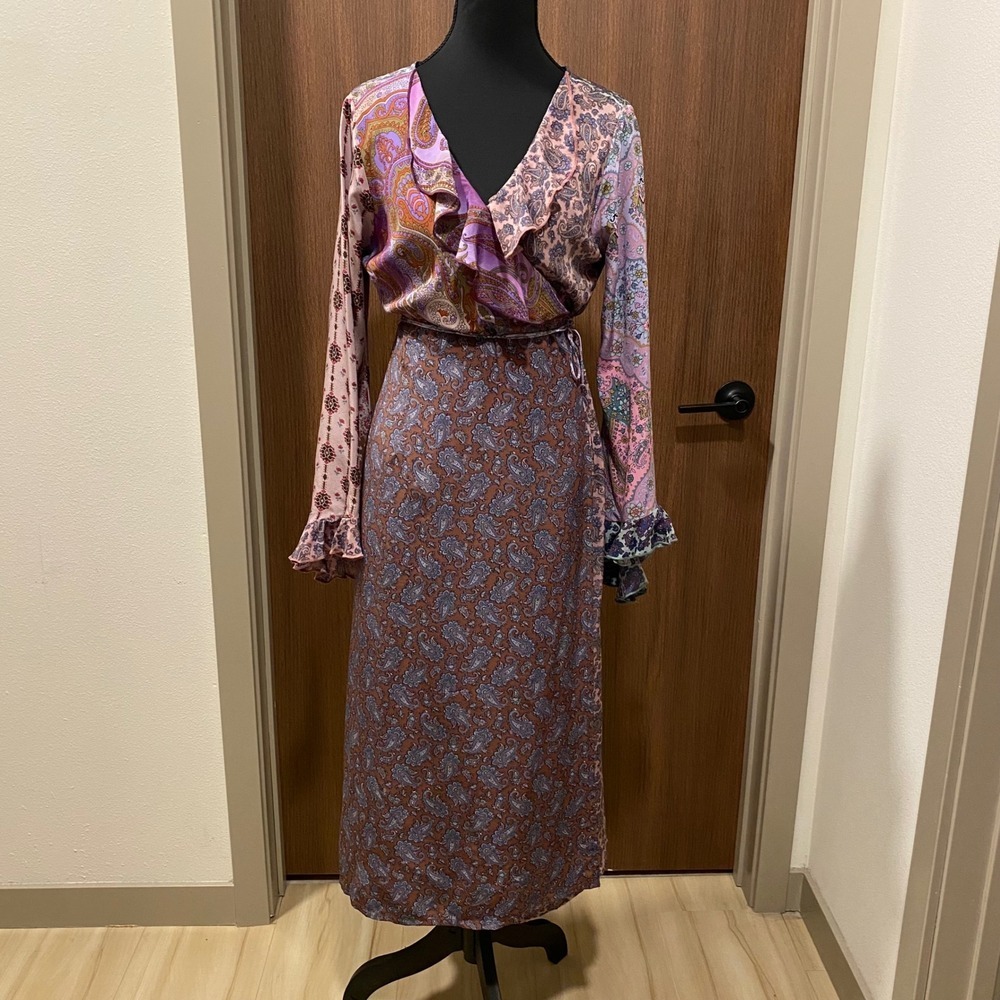 PLENTY by Tracy Reese Vtg Silk Wrap Midi Dress 12 Purple Satin Paisley Floral - Picture 3 of 17